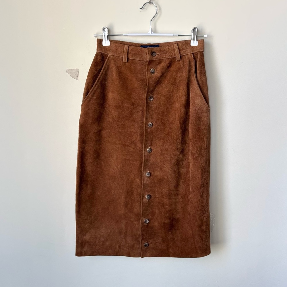 Vintage Ralph Lauren 100% Leather Suede Dark Brown Long Skirt Size 6 (25 x 27)